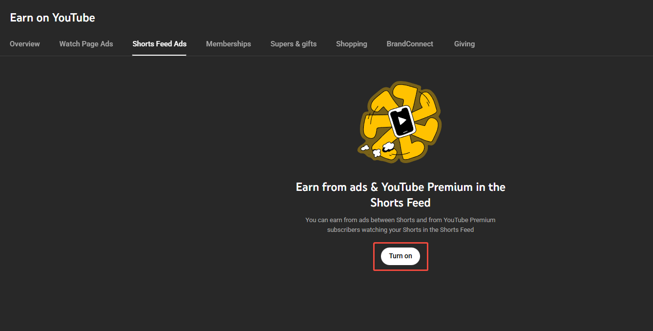 The Shorts Feed Ads page in YouTube Studio with the Turn on button selected.
