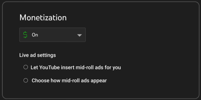 The Monetization page of YouTube live stream control room.