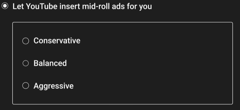 Three frequency settings page for YouTube auto inserted mid-roll ads for live streams.