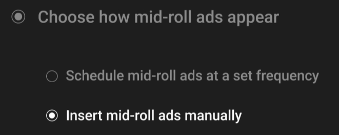 The way select page for manually add mid-roll live stream ads in YouTube.