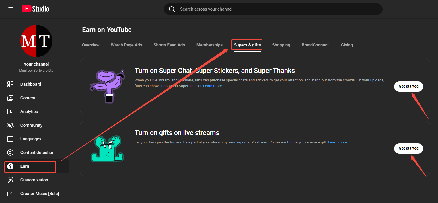 The Supers and gifts page in YouTube Studio with the Get started buttons pointed by arrows.