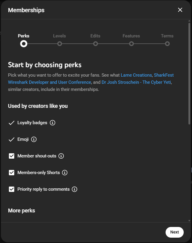 YouTube channel membership perks choosing page.