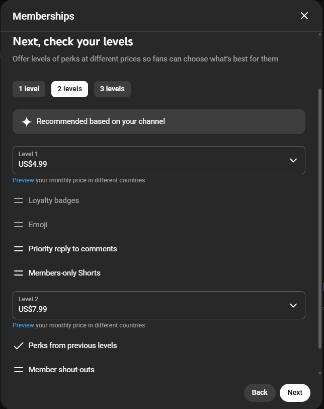 YouTube channel membership level check page.