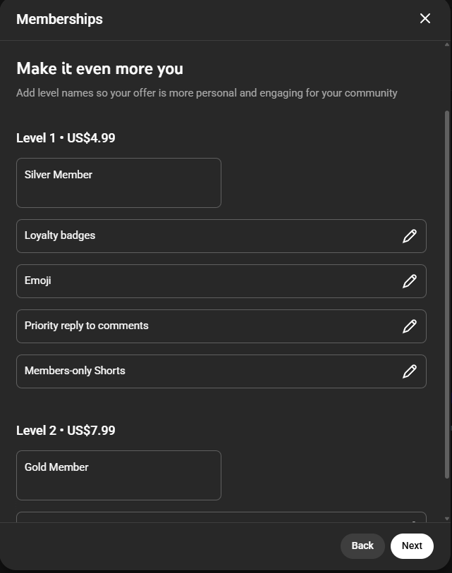 YouTube channel membership level editing page.