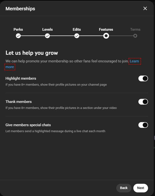 YouTube channel membership features setting page.