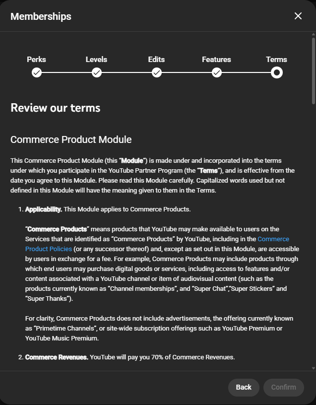 YouTube channel membership terms confirmation page.