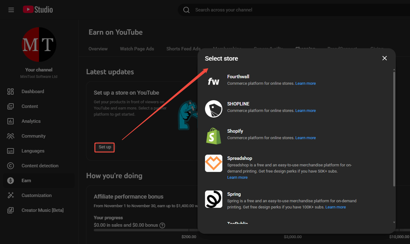 The YouTube Earn page with the select store window highlighted.