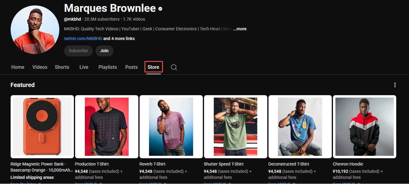 Marques Brownlee YouTube channel with its store page selected and displayed.