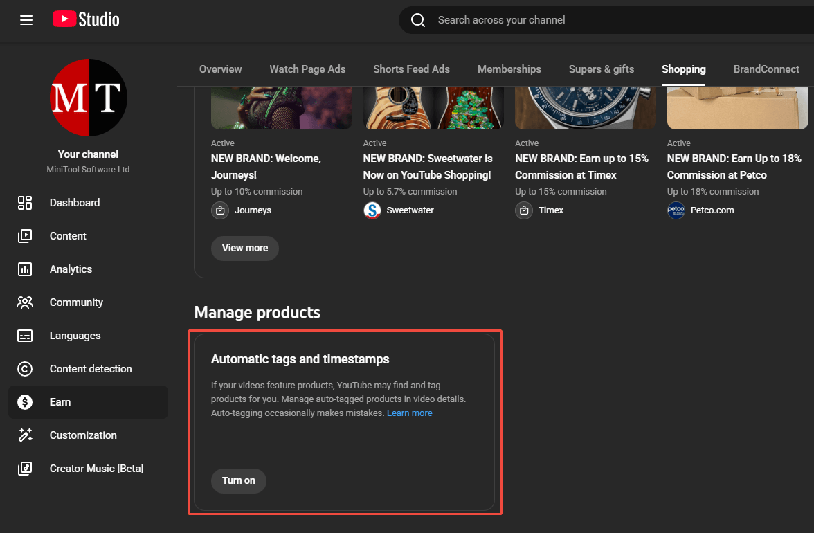 YouTube Earn page with the automatic tags and timestamps section highlighted under the Shopping tab.