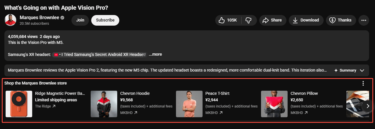 A highlighted product shelf under a YouTube video.