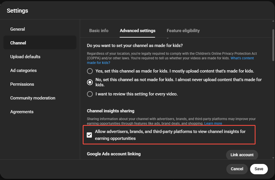 YouTube Studio advanced channel settings window with the Channel insights sharing option checked.