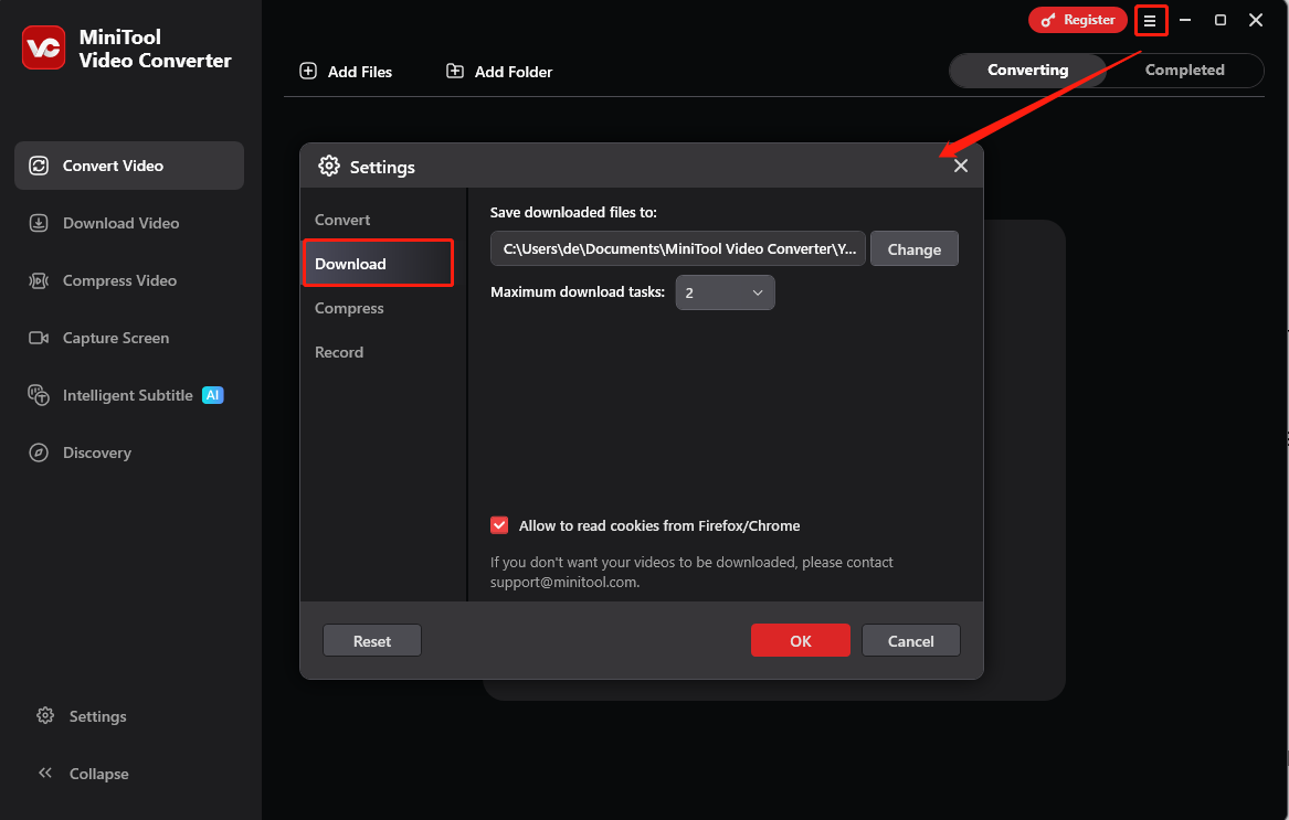 Menü-Auswahl, Download-Öffnung und OK-Bestätigung zur Anpassung der Download-Einstellungen im MiniTool Video Converter.