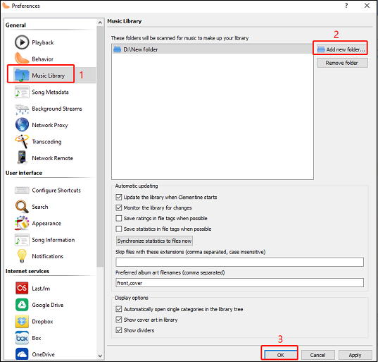 Music-Library-Auswahl, Add-new-folder-Auswahl und OK-Bestätigung zur Hinzufügung des heruntergeladenen YouTube-Music-Songs zu Clementine Music Player.