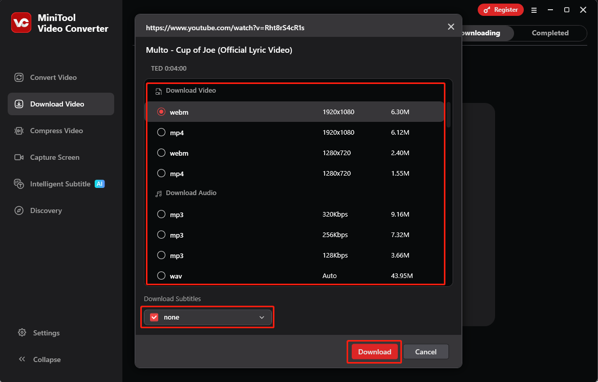 Auswahl eines Ausgabeformats, Entscheidung über den Untertitel-Download und Betätigung der Download-Schaltfläche im MiniTool Video Converter.