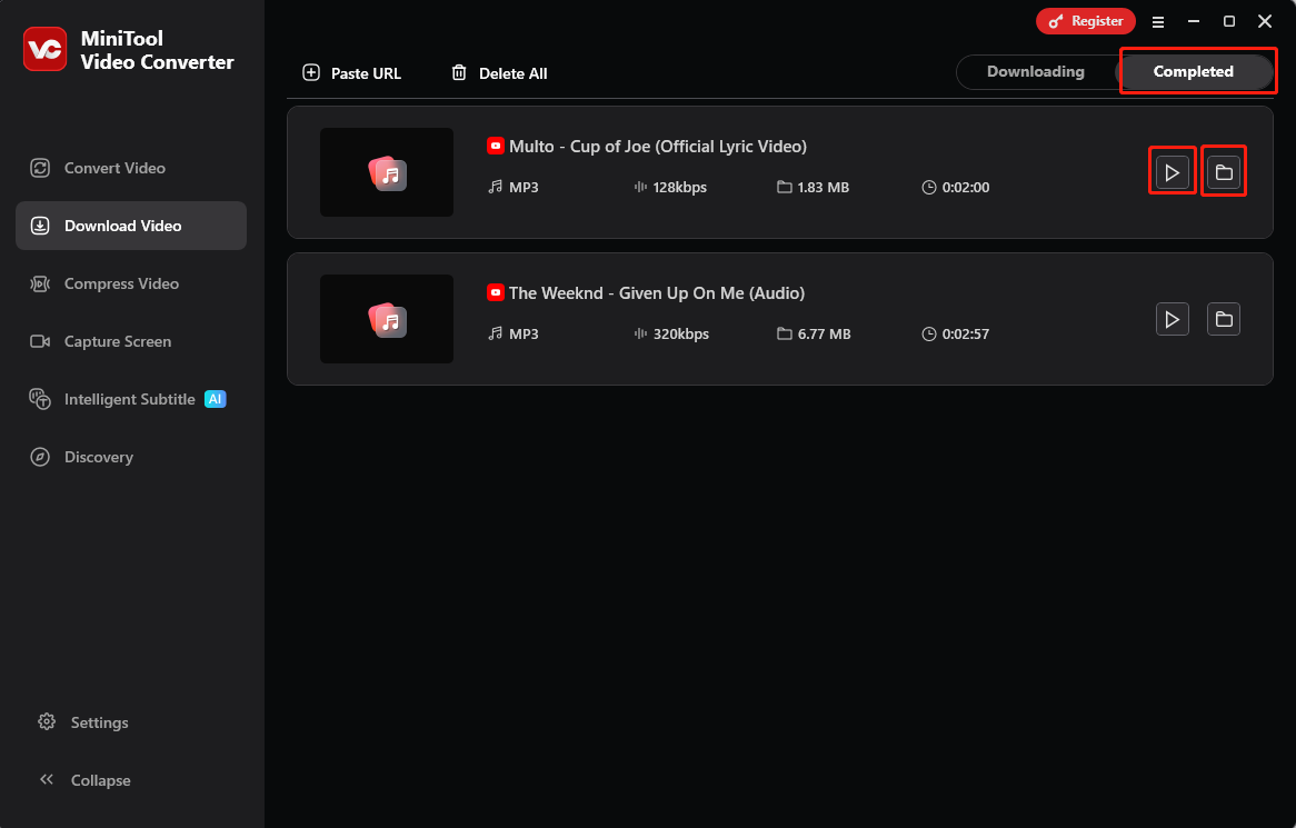 Ordnersymbol-Auswahl für das heruntergeladene Video und Abspielen-Schaltflächen zur direkten Wiedergabe auf dem Computer.
