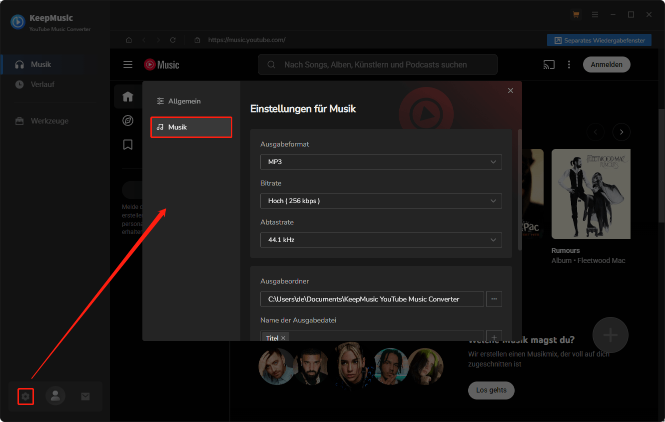 Einstellungen-Auswahl zur Anpassung des Ausgabeformats im KeepMusic YouTube Music Converter.