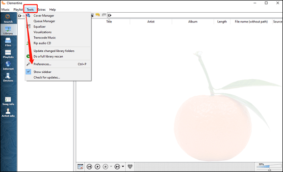 Tools-Auswahl und Preferences-Auswahl in Clementine Music Player.