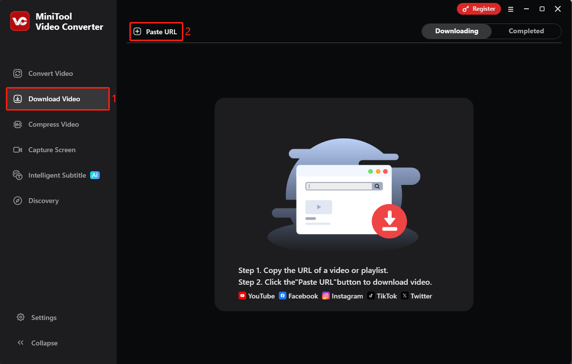 Navigation zum Video-Download und Klick auf die Schaltfläche URL einfügen zur Auslösung des Popup-Fensters im MiniTool Video Converter.