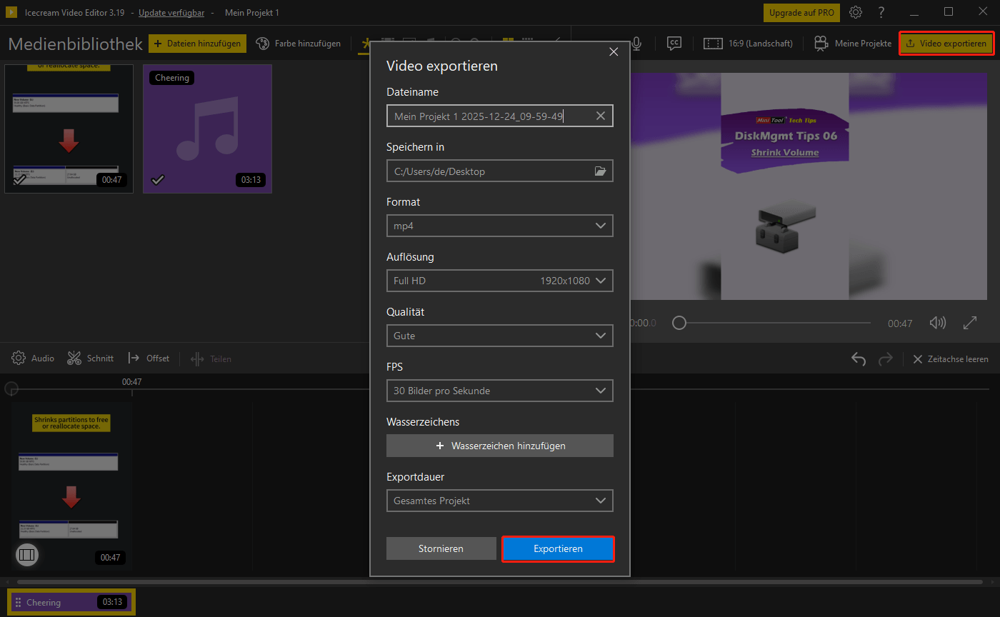 Betätigung von Video exportieren, Konfiguration der Ausgabeeinstellungen und Klick auf Exportieren zur Videogenerierung im Icecream Video Editor.