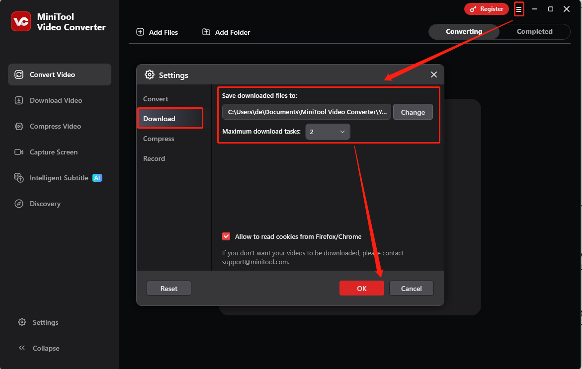 Klicken auf das Drei-Linien-Symbol und Wechsel zum Download-Reiter für die Einstellungen im MiniTool Video Converter.