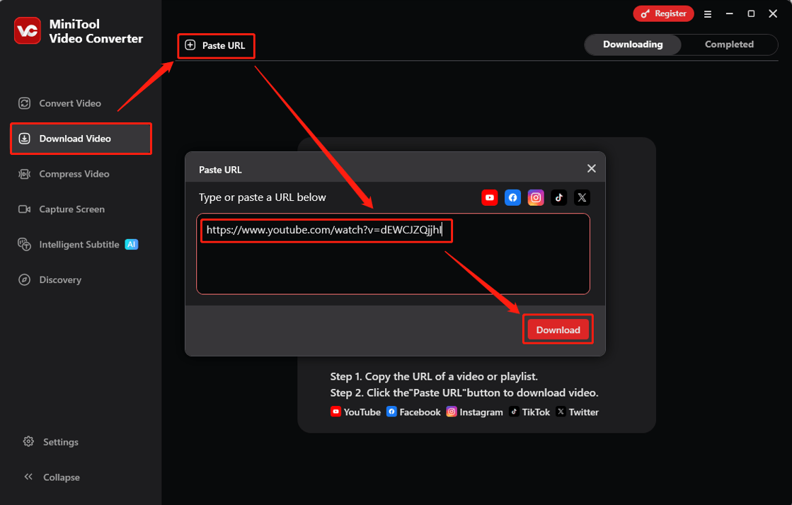 Klicken auf URL einfügen, Einfügen des Links und Klicken auf Herunterladen zur Analyse im MiniTool Video Converter.