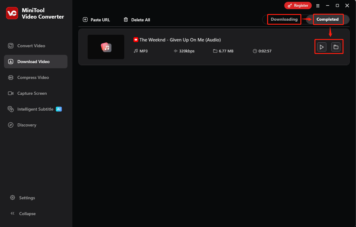 Auswahl des Ausgabeformats, Setzen eines Häkchens bei Untertitel herunterladen und Klicken auf Herunterladen im MiniTool Video Converter.