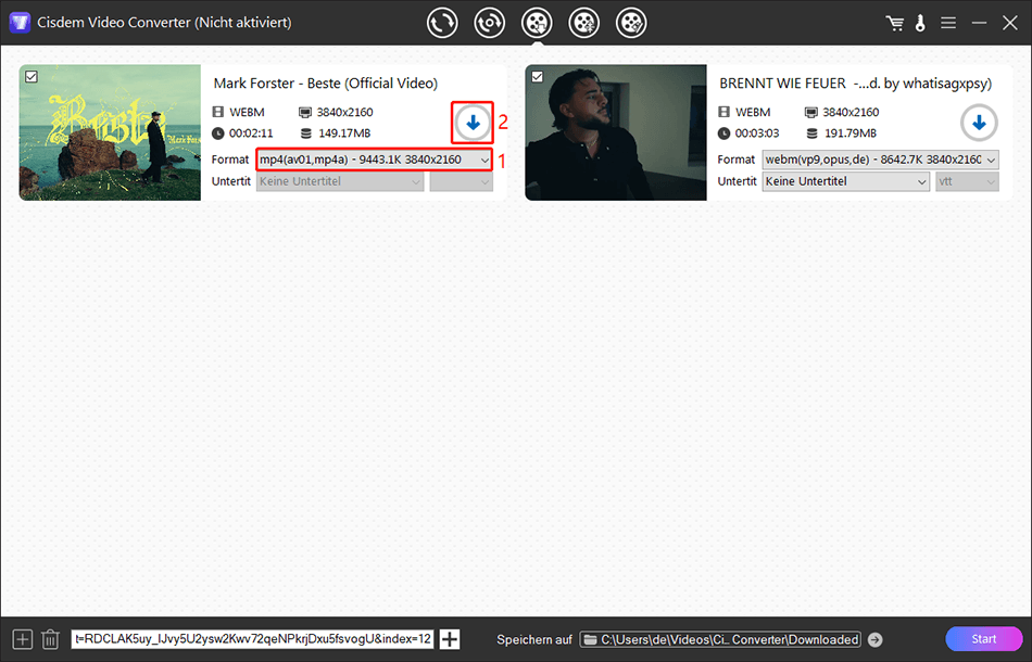 Ausgabeformat-Auswahl und Download-Button im Cisdem Video Converter