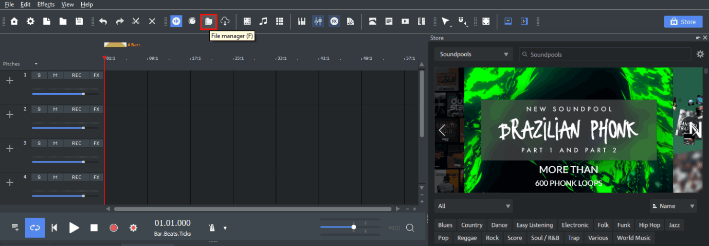 Dateimanager-Symbol oben in der Oberfläche von Magix Music Maker