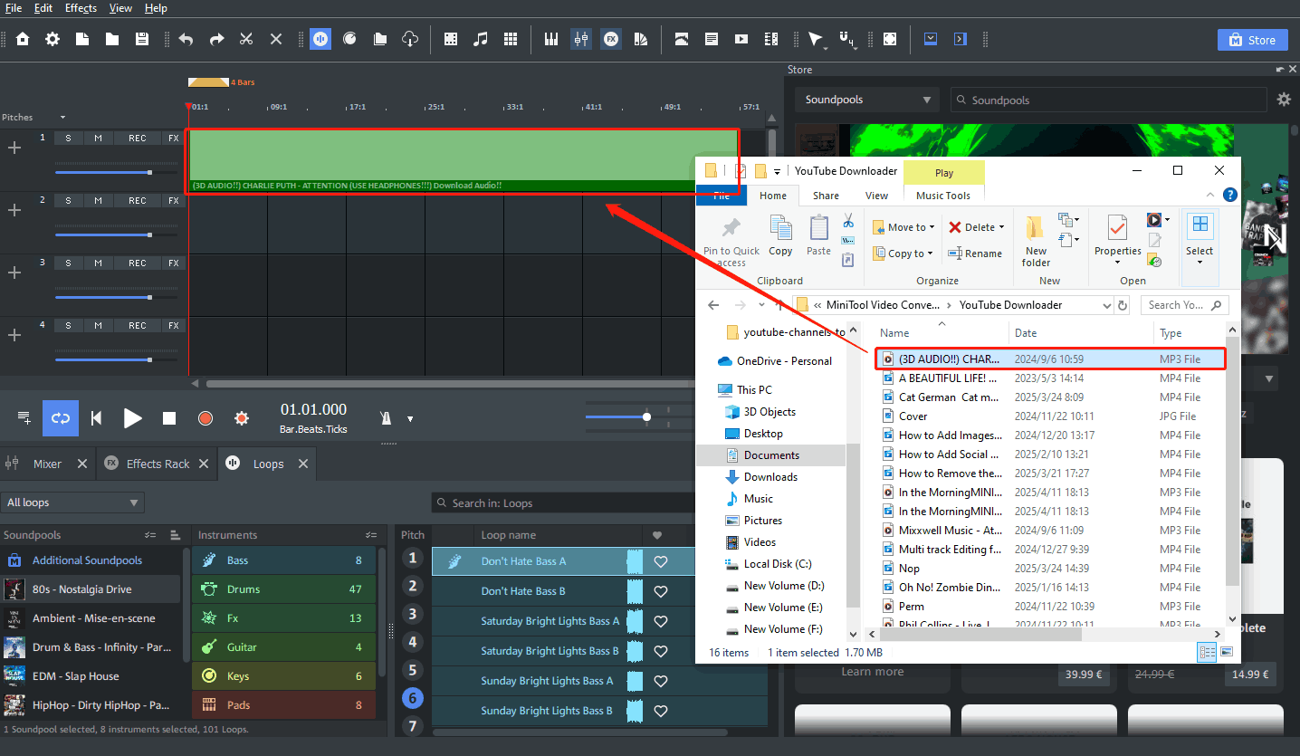 Heruntergeladene YouTube-Music-Lieder per Drag-and-Drop in den Spur-Bereich von Magix Music Maker