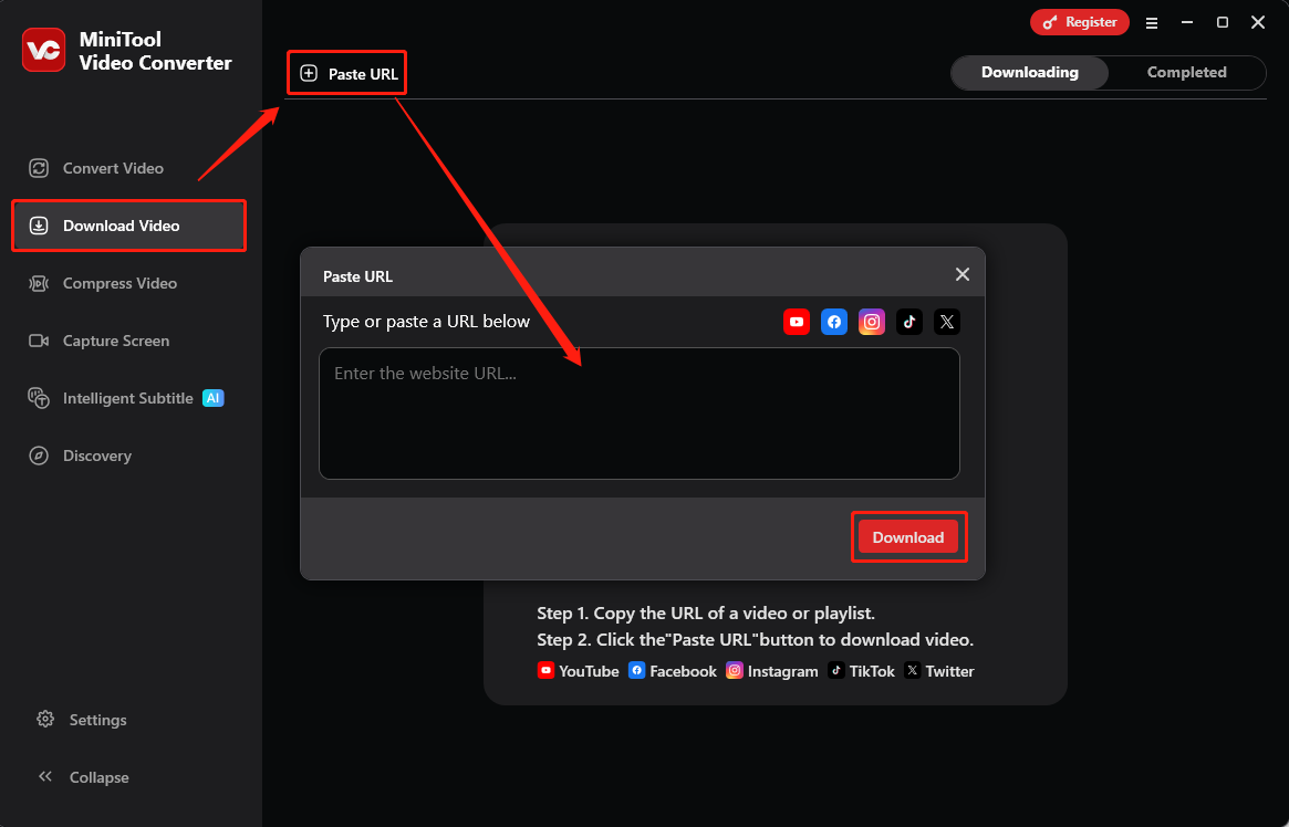 Auswahl der Option URL einfügen und Start des Downloads in MiniTool Video Converter.