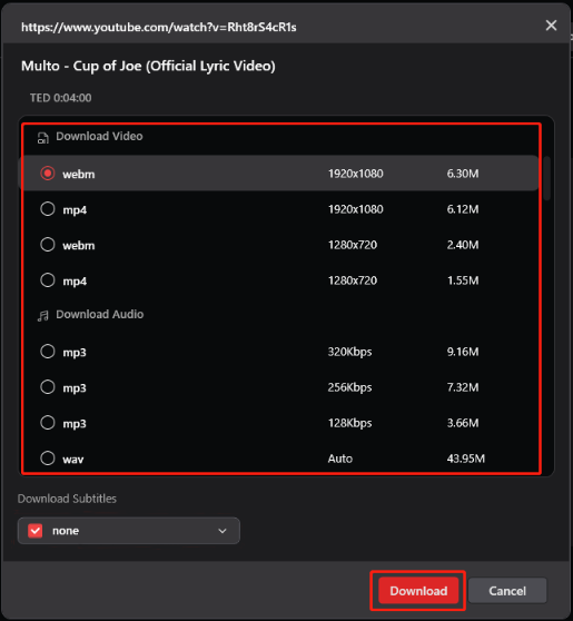 Auswahl des gewünschten Downloadformats und Klick auf Herunterladen.