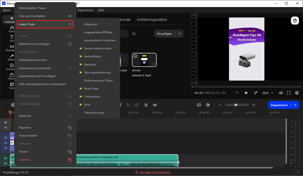 Auswahl der Audiodatei und Rechtsklick zur Auswahl der Option Audiowerkzeuge.
