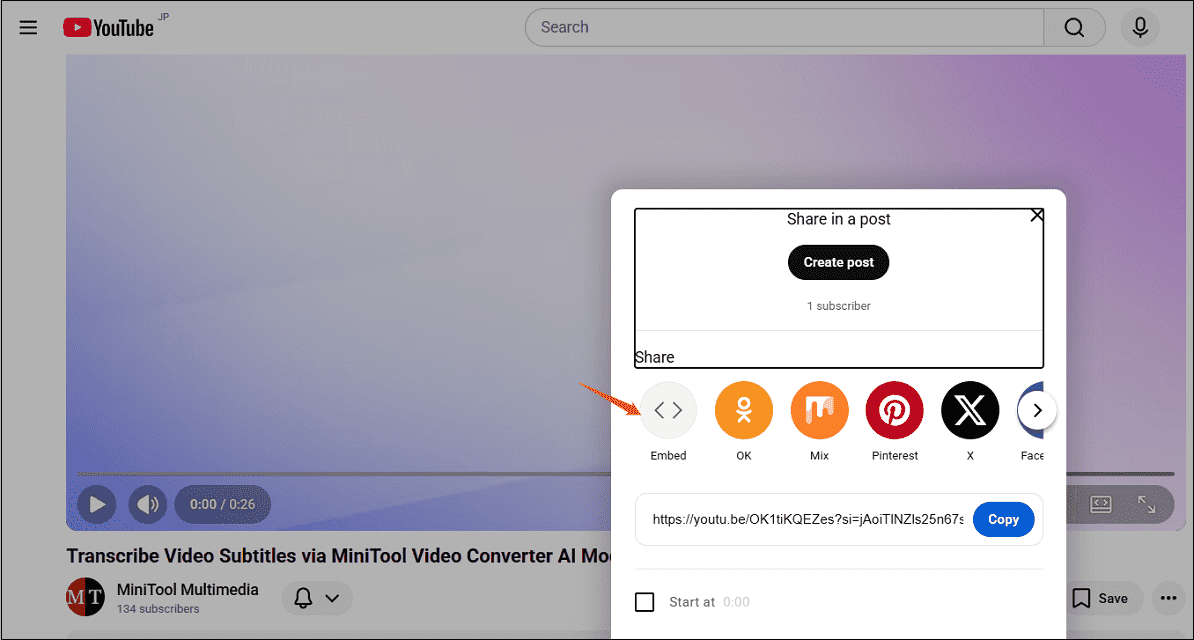 YouTube Share interface with Embed button selected.