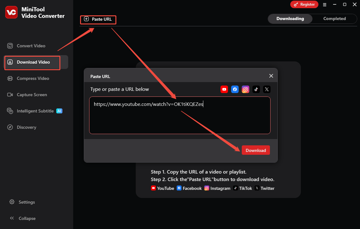 MiniTool Video Converter interface that shows how to analyze a YouTube video.