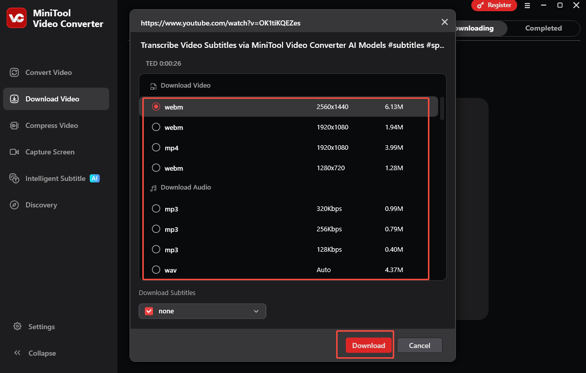 MiniTool Video Converter’s interface that shows how to download a YouTube video.