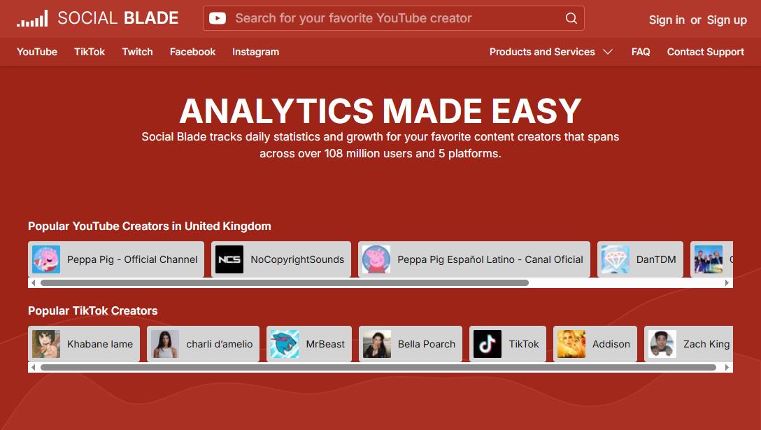 The main interface of Social Blade.