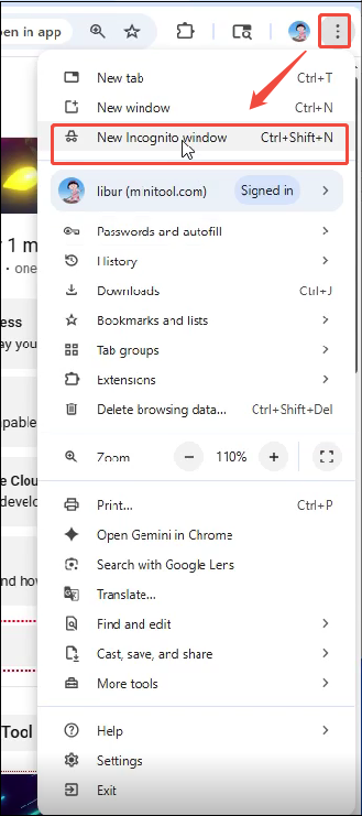 Google Chrome interface that shows you how to open Incognito mode.