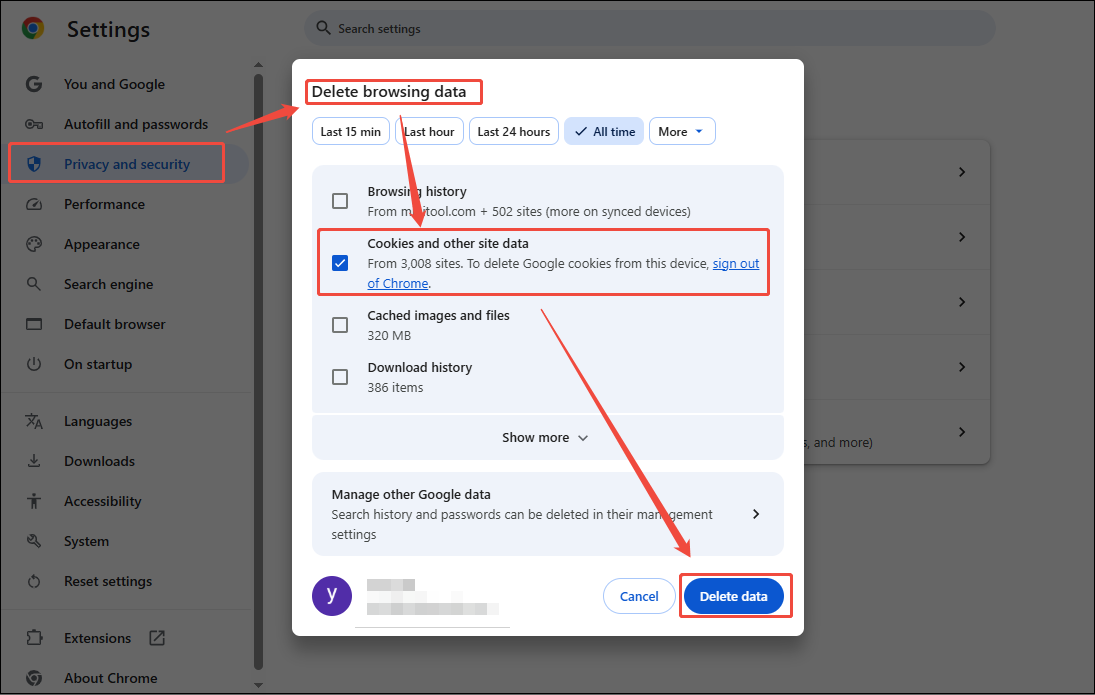 The Google Settings interface showing how to delete cache and cookies.