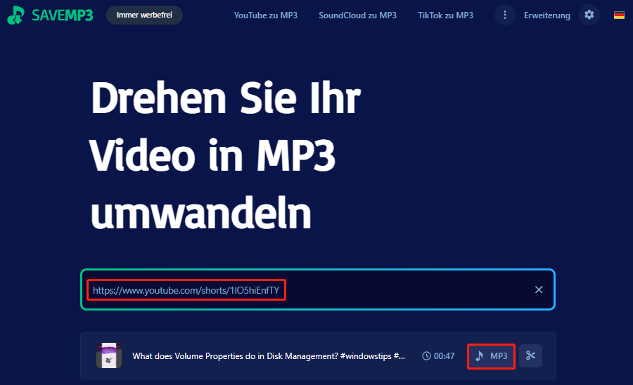 Savemp3-Oberfläche mit eingefügtem YouTube-Video-Link und ausgewählter MP3-Option.