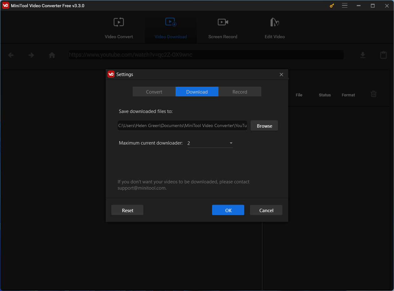 Configurações do descarregador de vídeos do YouTube.