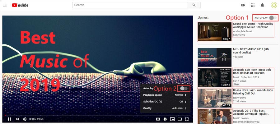 a localização anterior do botão de reprodução automática do YouTube.