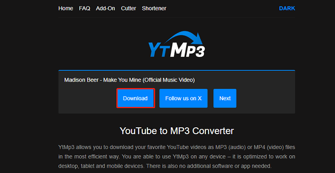 Clique no botão «Download» para começar a descarregar vídeos do YouTube para o formato MP3 através do YTMP3.
