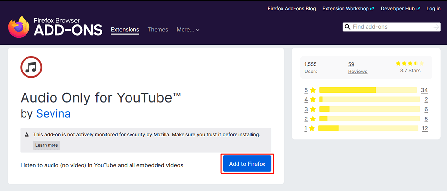 Clique no botão Adicionar ao Firefox para instalar o Audio Only for YouTube no Firefox.