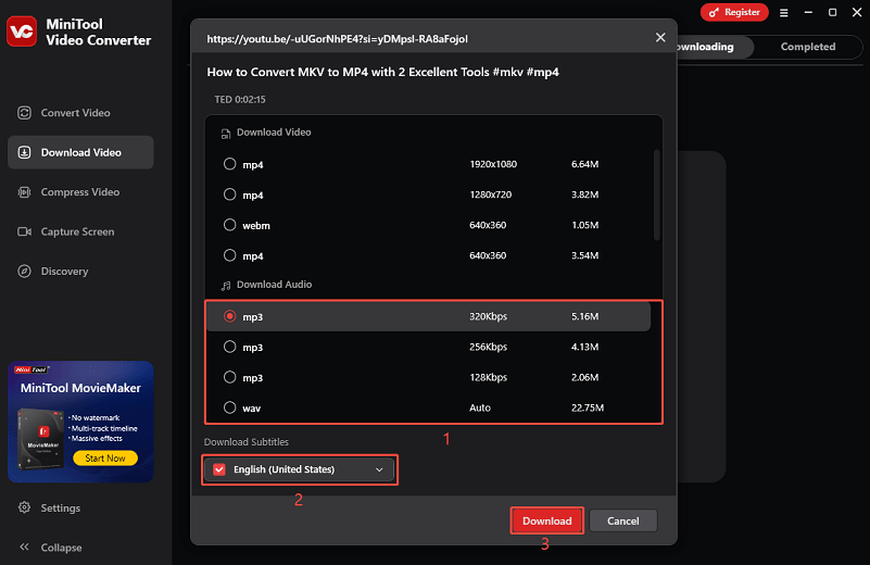 Selecione o formato de saída, escolha se deseja descarregar as legendas e clique em Descarregar no MiniTool Video Converter.
