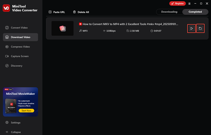 Clique no ícone de reprodução ou no ícone da pasta na guia Concluído do MiniTool Video Converter.