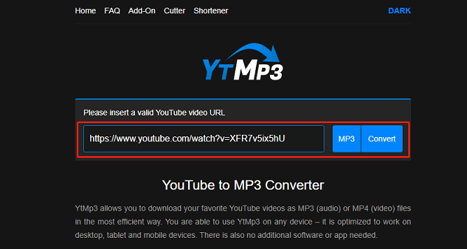Cole o URL do vídeo e clique em Converter no YTMP3.