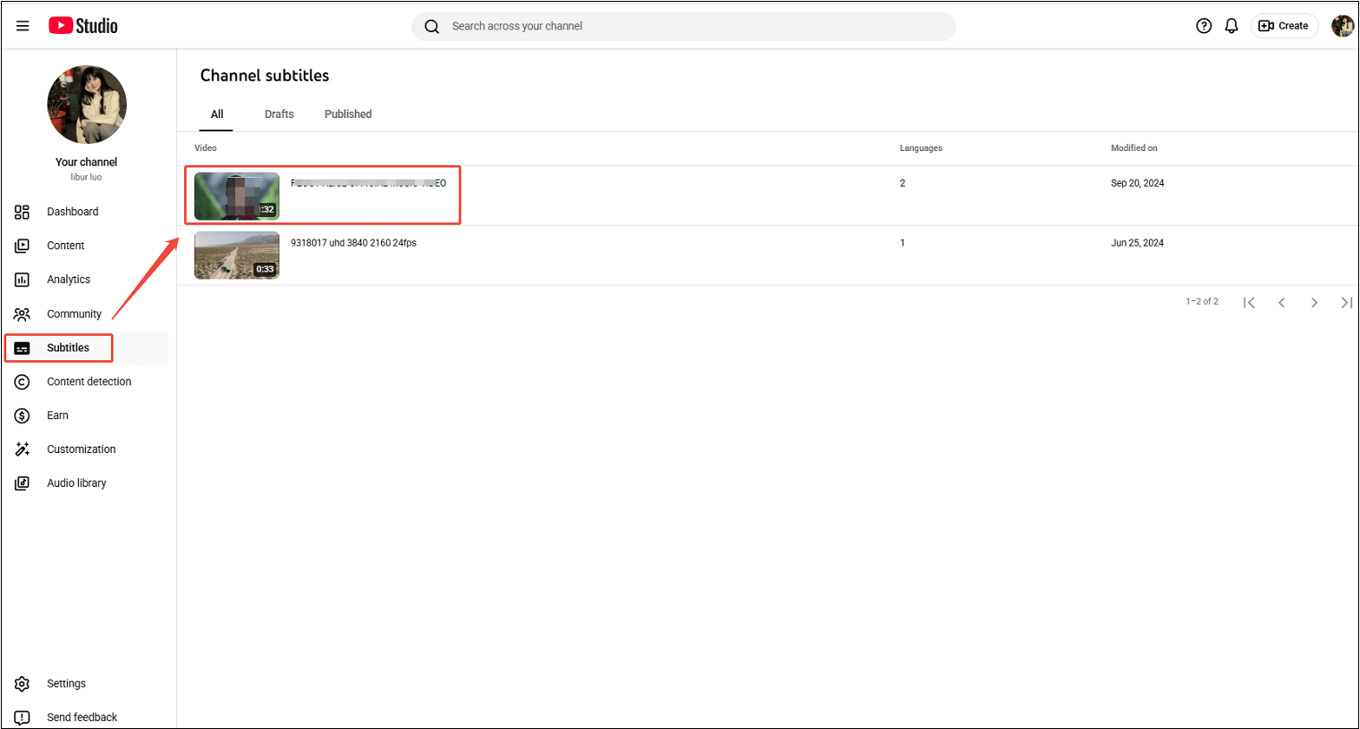 YouTube Studio interface that shows how to locate the video subtitles.