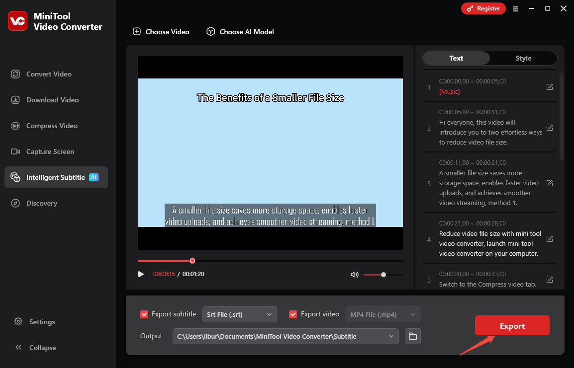 MiniTool Video Converter interface with the Export option pointed out.
