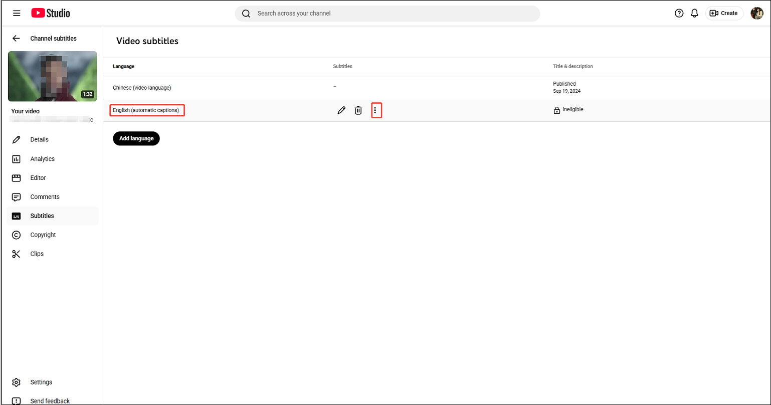 YouTube Studio interface that shows you how to choose a subtitle language and open the download window.