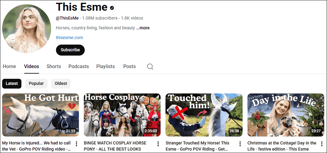The homepage of the equestrian YouTubers, This Esme.